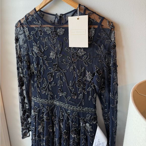 MAC DUGGAL Navy Beaded Illusion High Neck Long Sleeve A Line Dress NEW! S #10799 - Picture 8 of 13